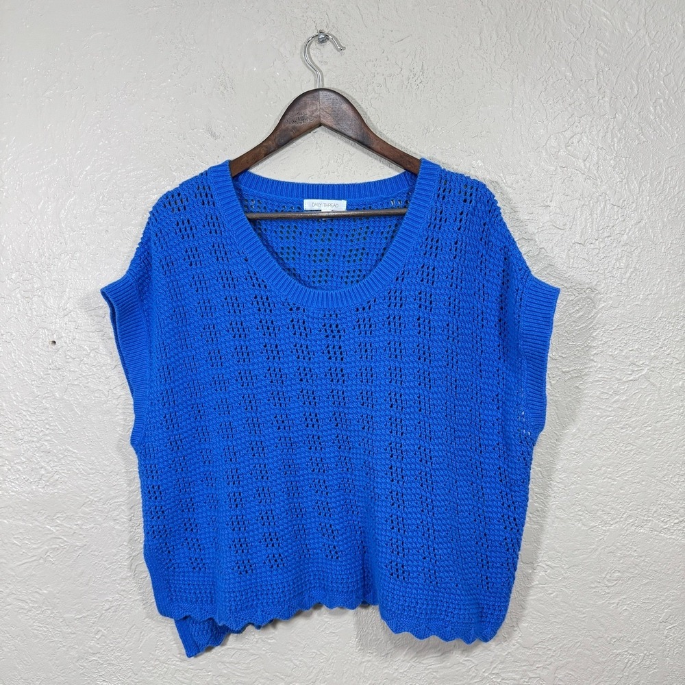 Daily Thread Sweater 2X Royal Bl Open Knit Crochet Scalloped 100% Cotton Coastal